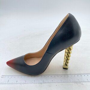 Black Women Gold Metal Chain Chunky High Heel Pointed Toe Slip On Party Pumps